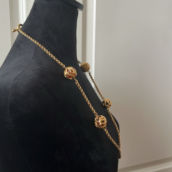 GIVENCHY Necklace Gold Ribbon Chained Gripoix Large Glass Balled Design - Picture 3 of 13